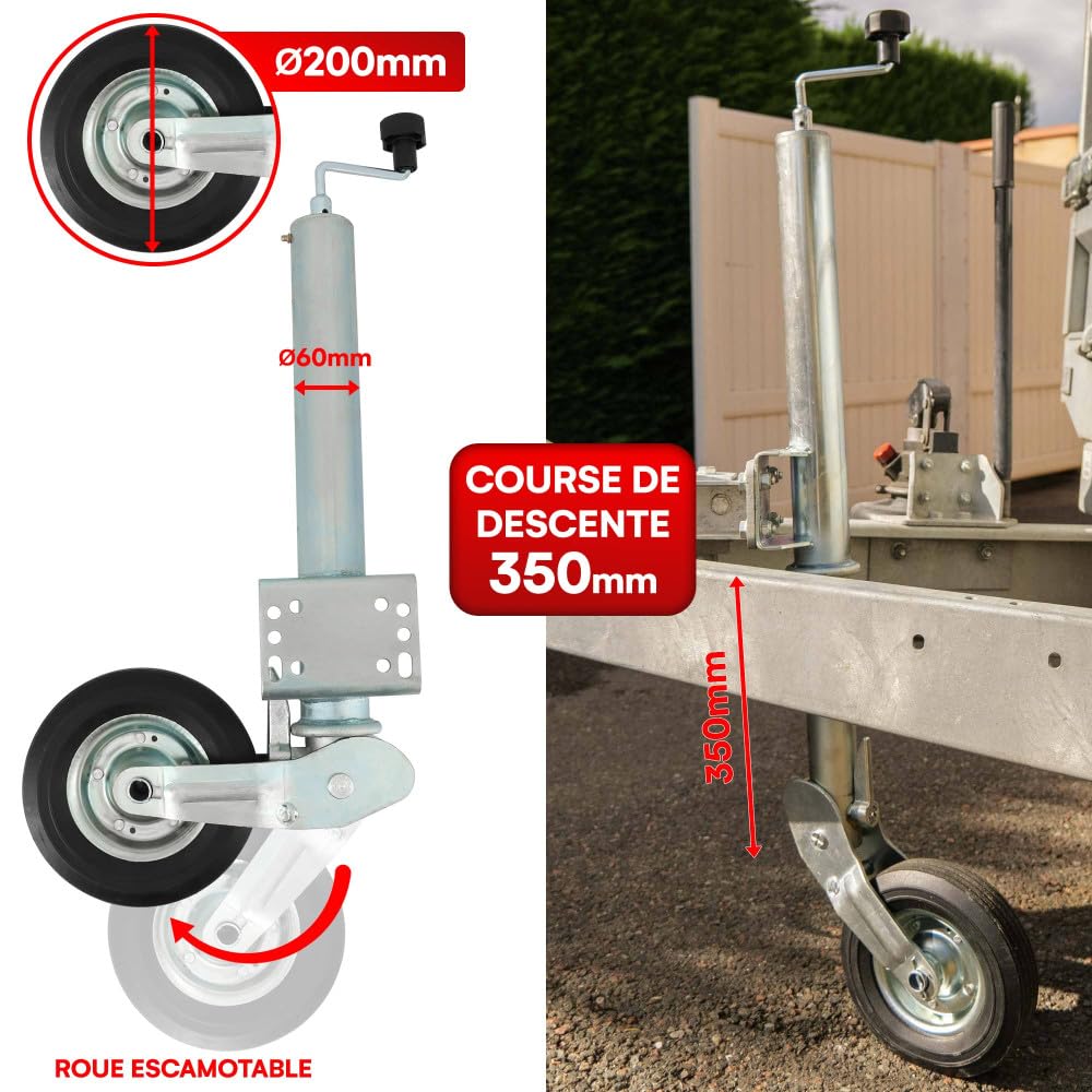 Roue Jockey - 500kg - Tube acier 60mm - Escamotable - Bride de fixation soudée multi-trous - Universelle tous types de remorques