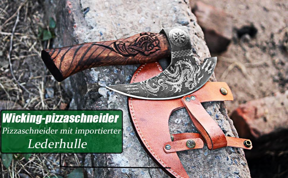 Novahaven"Handcrafted Viking Pizza Axe - Carbon Steel Blade with Dragon Engraving & Ash Wood Handle - Sharp, Durable, Unique Pizza Cutter with Artisan Design (Gold)