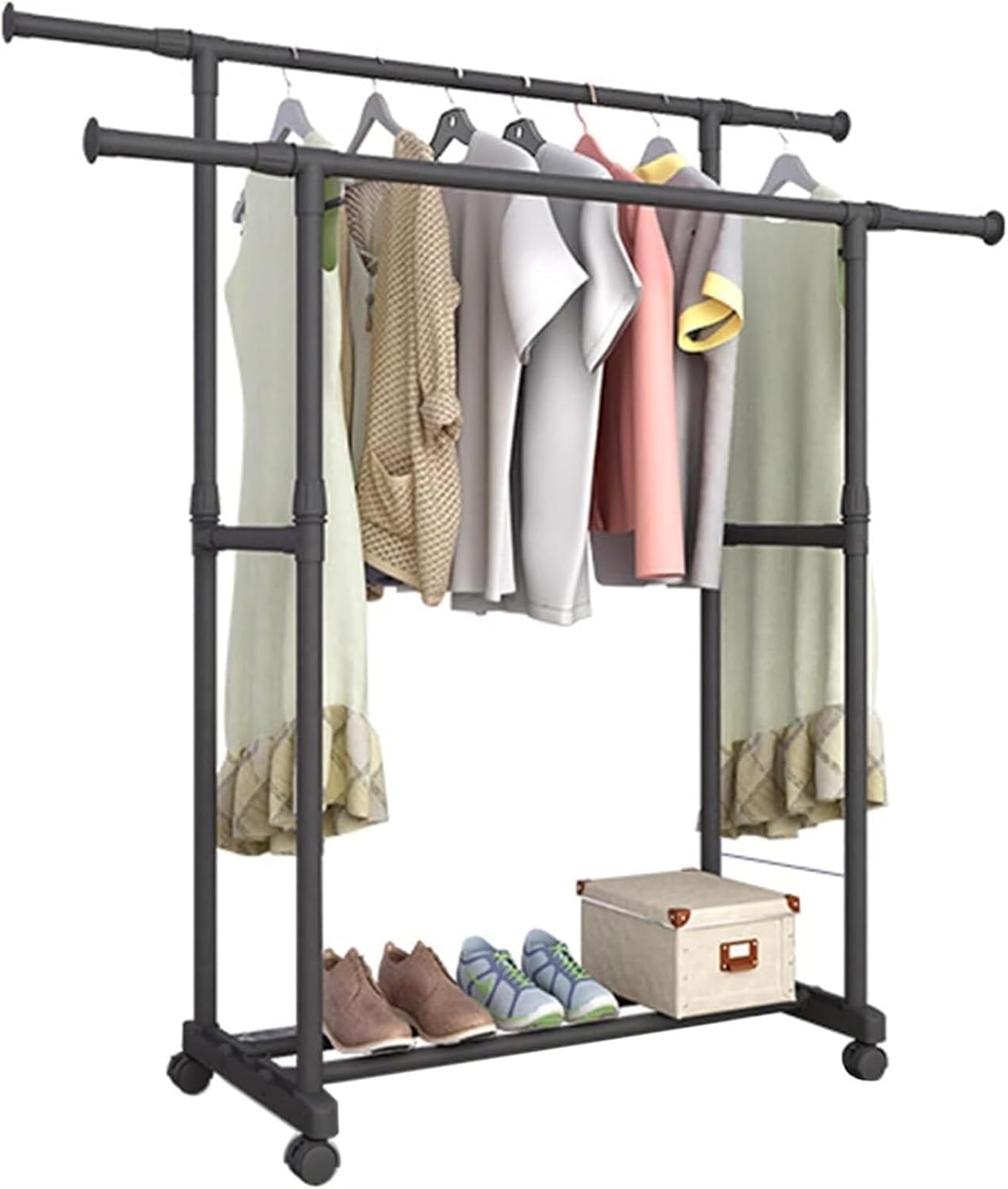 Double Pole Floor Drying Rack,Telescopic Lifting Mobile Clothes Pole,Large Capacity Hanger, for Home Clothing