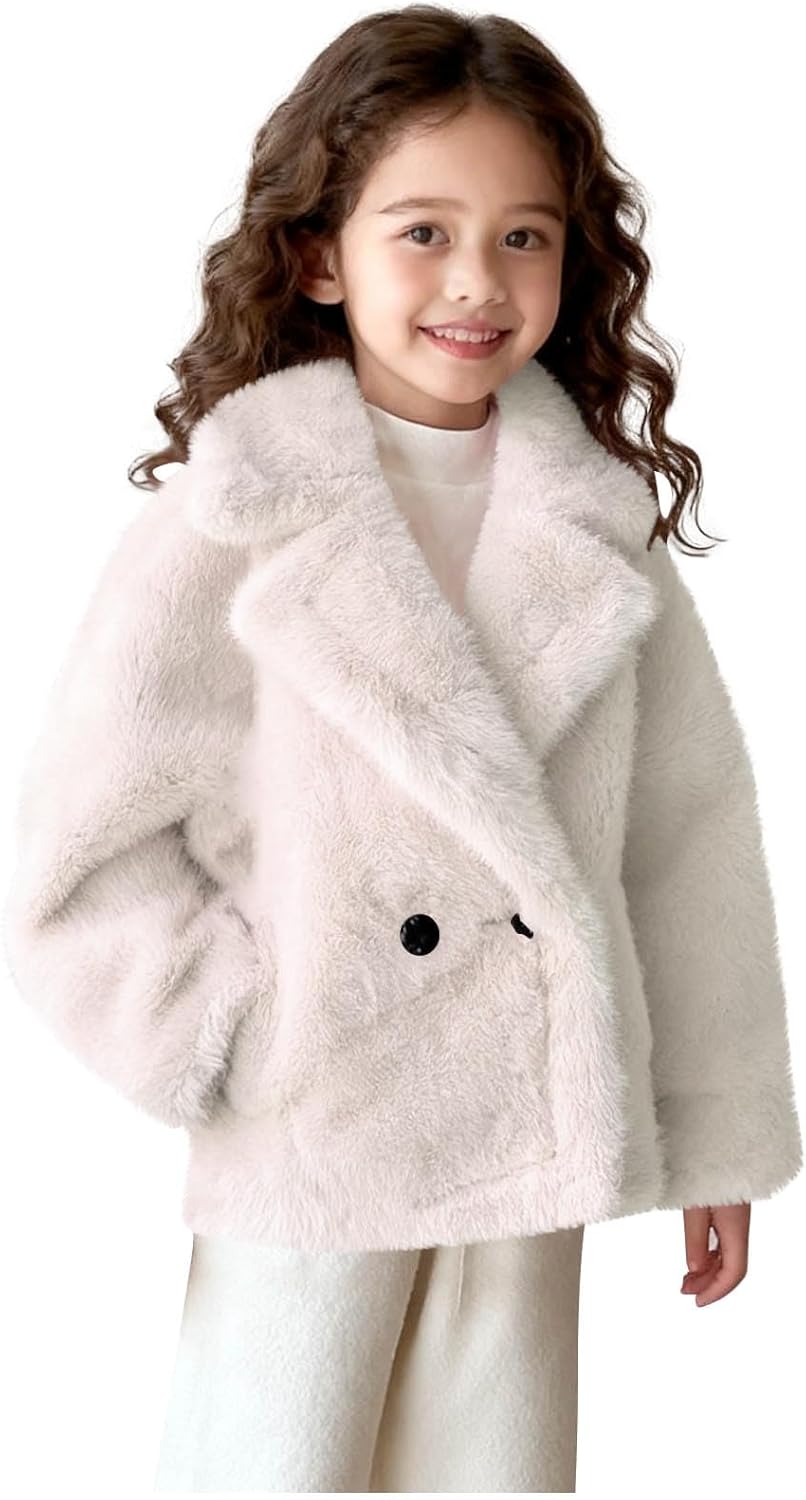 Girls Faux Fur Coat Kids Fluffy Furry Fleece Jacket Winter Warm Plush Dress Coats with Pockets 5-14 Years