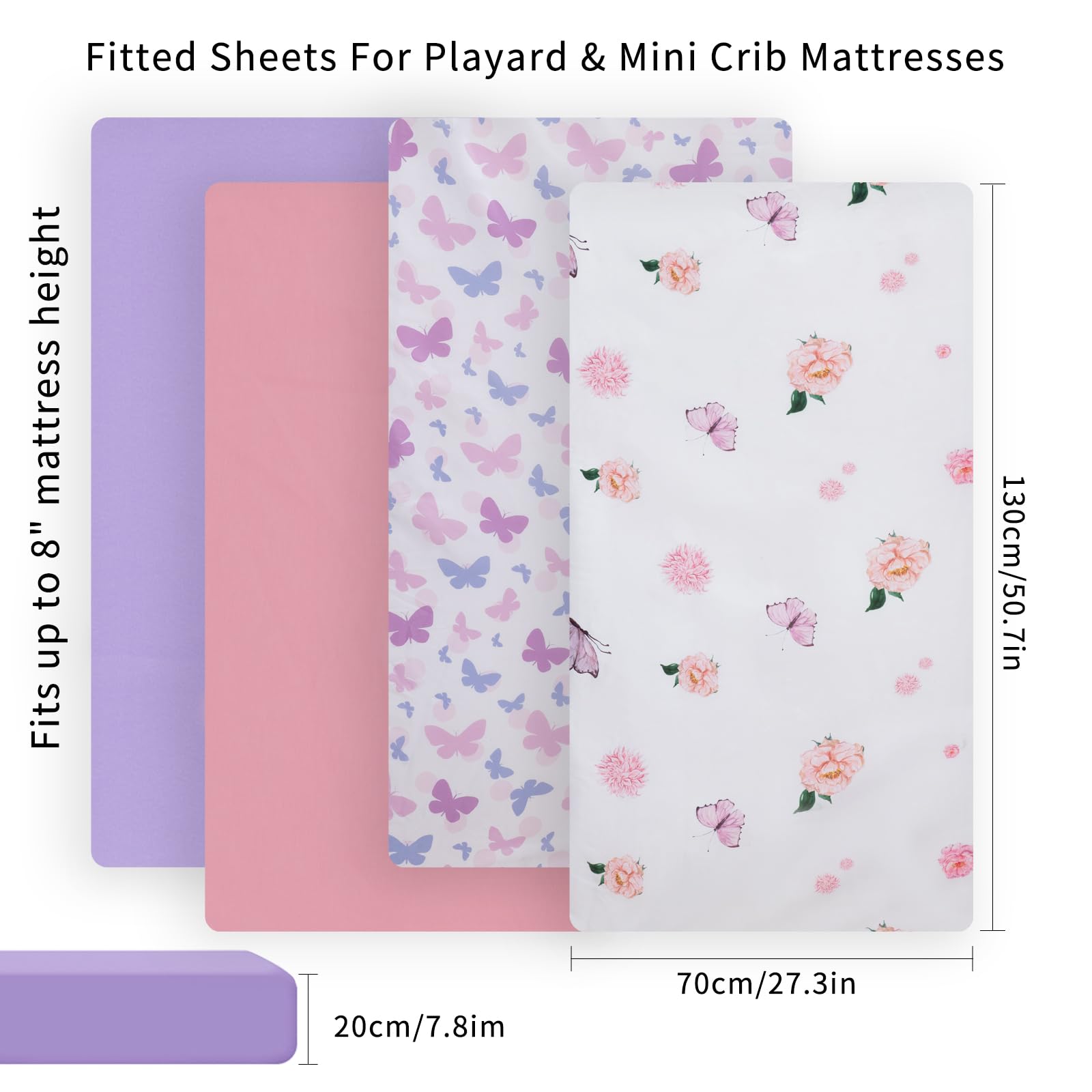 Newvenper Super Soft Microfibre Crib Sheet Set, Breathable Cot Sheet, 130x70x20cm, Butterfly & Flower & Pink & Purple, 4pcs - Image 2
