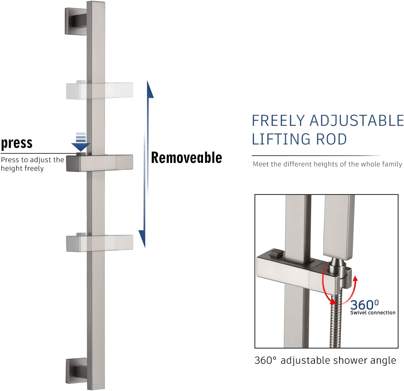 Adjustable sliding rod for the handheld shower with 360 degree swivel connection