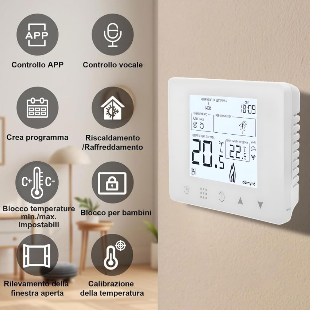 CRONOTERMOSTATO WIFI PROGRAMMABILE SMARTPHONE APP ALEXA TERMOSTATO CALDAIA DA PARETE O BOX 503 ALIMENTAZIONE 90-240 Vac