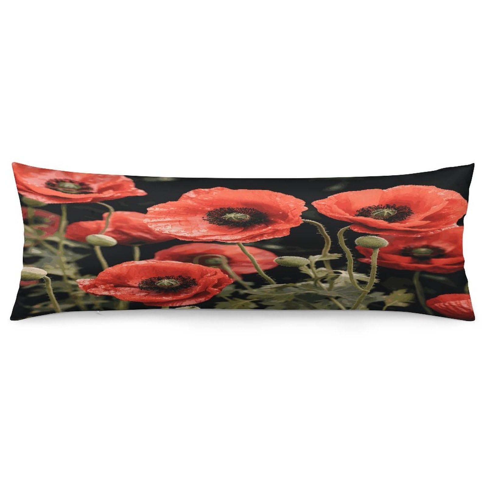 Red Poppy Flowers Leaves Throw Pillow Covers with Silent Zipper Polyester Pillow Protectors Removable Pillow Cases Soft Pillowcase Cozy Pillow Sham Cushion Cover for Sofa Car Bed 20"x54"
