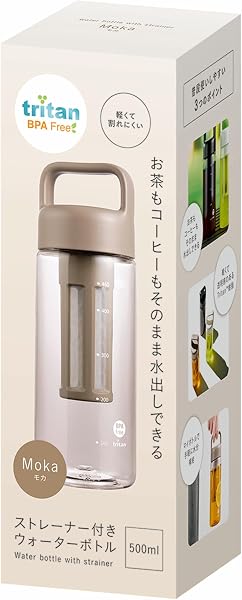 カクセー ウォーターボトル 500ml ストレーナー付き 軽量 水筒 お茶 コーヒー 水出し フィルター付き クリアボトル 持ち手付き トライタン製 モカベージュ WB-05B - 1