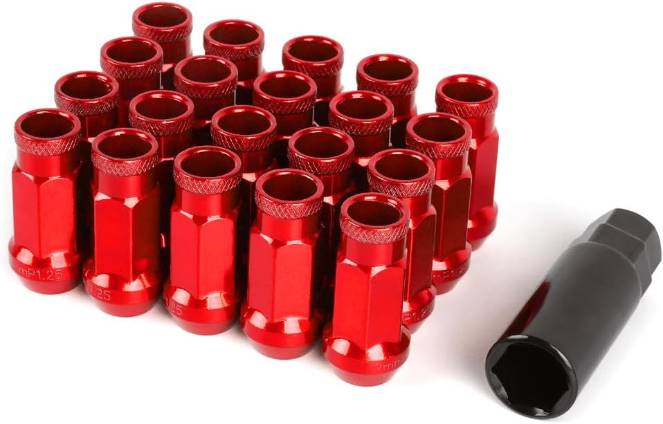 Muge Racing M12x1.5 Bulge Acorn Open End Wheel Nuts - 20 PCS, 12mmx1.5, Red Lug Nuts Set with 1 Key for Toyota, Honda, Ford, Chevrolet, Mitsubishi, Mazda, KIA, Hyundai, Buick