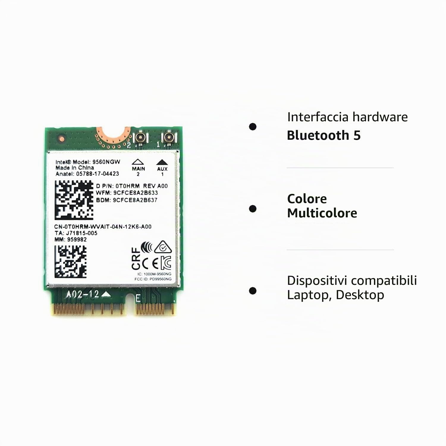 Intel Wireless-AC 9560, M.2 2230, 2 x 2 Ac+Bt, Gigabit, senza Vpro