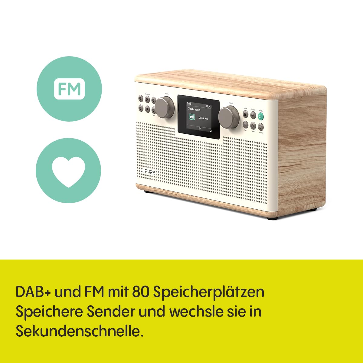 Pure Classic H6 Hi‑Fi Stereo‑Radio und Tisch‑Musikanlage mit DAB+ UKW Bluetooth 5.3 USB‑A & AUX 2,4" Farb‑TFT Fernbedienung Dual‑Wecker Schlaf‑ & Küchen‑Timer 2×15 W 80 Speicher – Baumwollweiß/Eiche