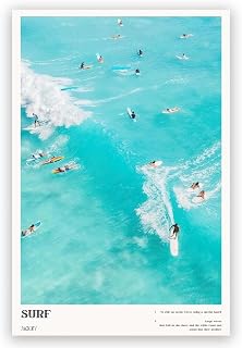 Blue Coast Surfing Poster Fashion Life Summer Beach Multi-person Ocean Vacation Wall Art Beautiful Waves Seascape Print Painting Suitable for Home Bedroom Dormitory Wall Decoration8x12in Unframed