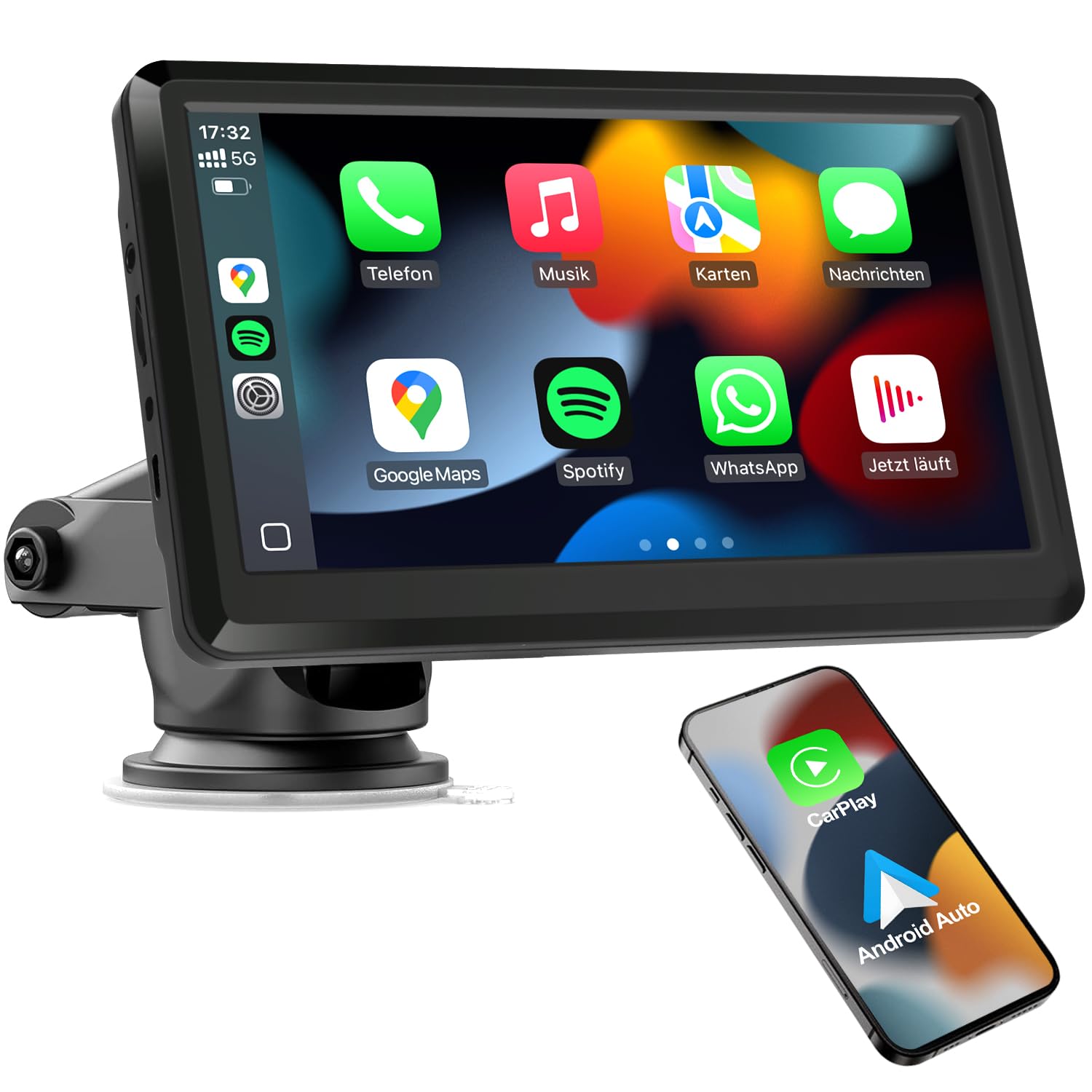 Wireless CarPlay Display, Tragbare Autoradio mit Android Auto,Touchscreen Bildschirm, MirrorLink, Sprachsteuerung, Bluetooth Freisprechen, GPS Navigation, FM, AUX für Auto PKW LKW Wohnmobil