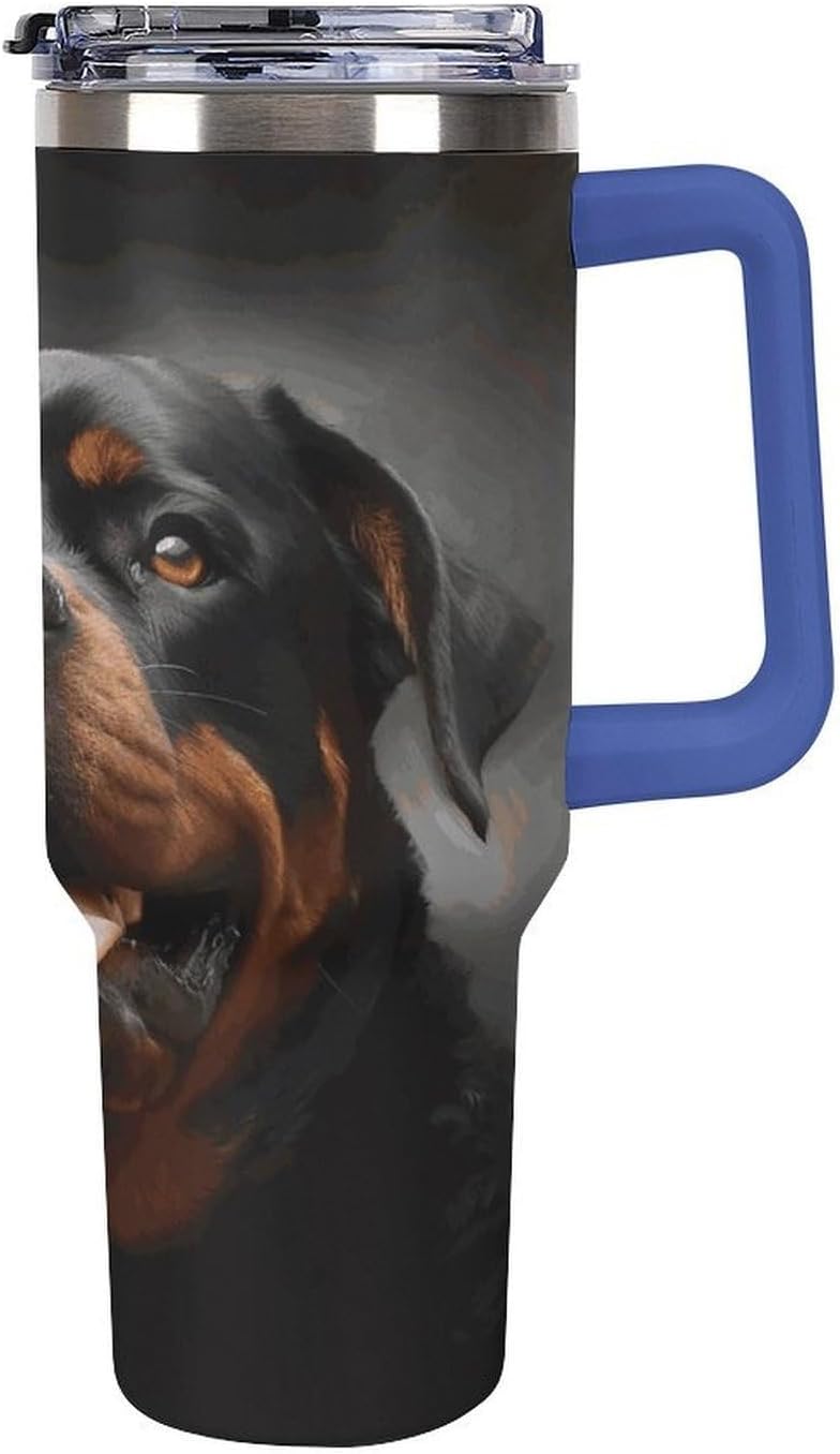 Cool Rottweiler Dog Art Travel Coffee Mug Reusable Durable Stainless Steel Insulated Tumbler with Handle And Straw Leak Resistant Portable Thermal Cup Gifts for Men Women 40 Oz