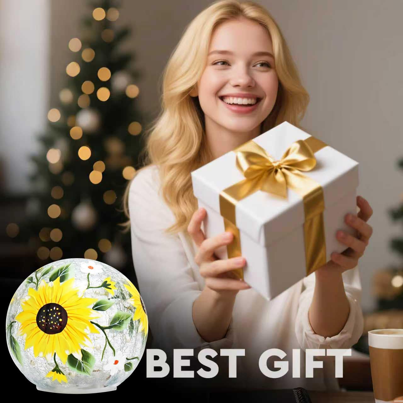 Crackle Glass Ball Lamp, Glass Lighted Globe, Hand-Painted LED Sphere Lamp, Battery Powered Decorative Orb, Warm Night Light for Living Room, Bedroom, Gifts (Sunflower Stained)