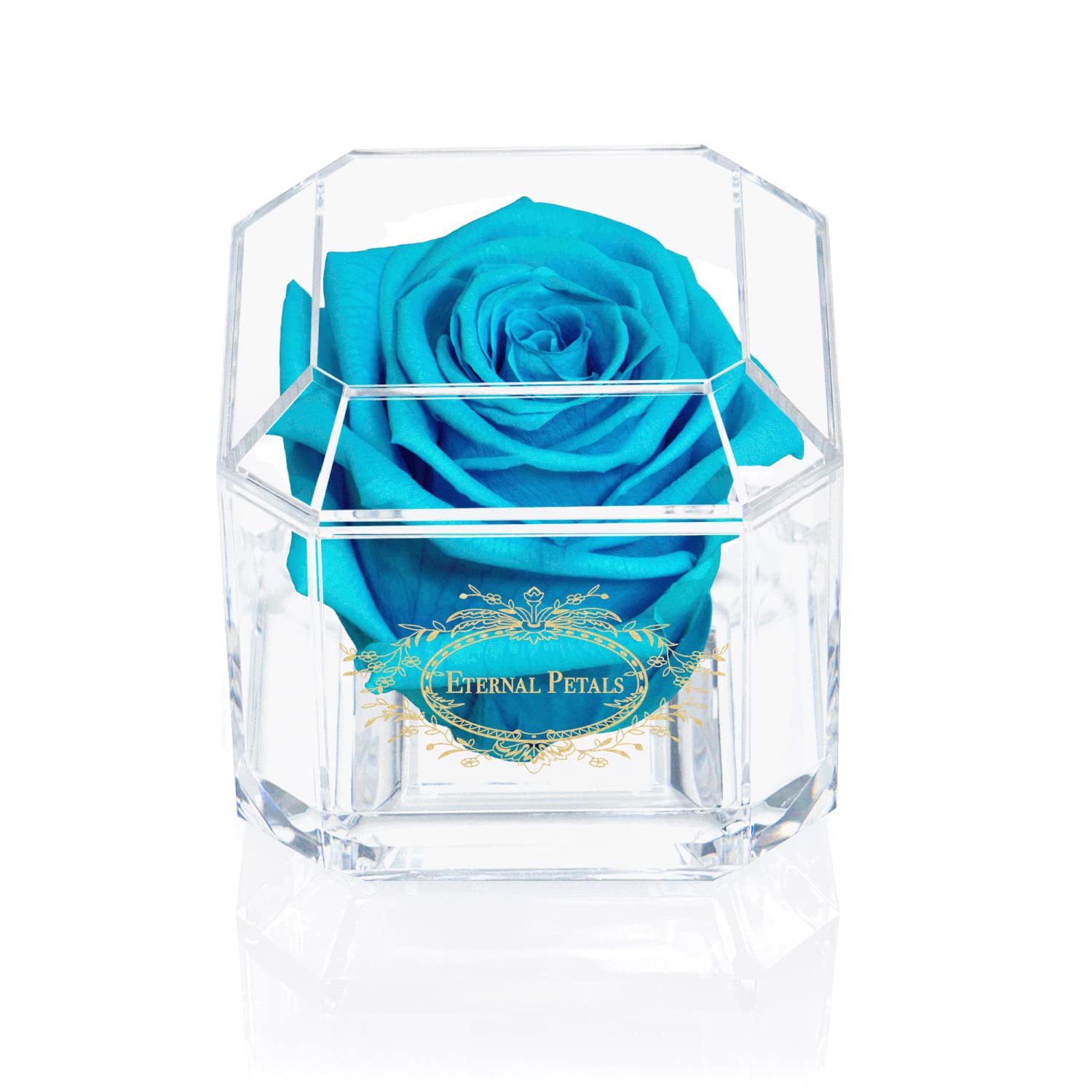 Eternal Petals A 100% Real Rose That Lasts Years, Handmade in UK – Gold Solo with A Multicolour Swarovski Crystal (Blue Lagoon)