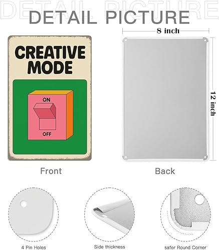 Miniatura 2 de Cartel de lata Creative Mode de 8 x 12 pulgadas, decoración de pared de metal retro para escritorio de oficina, sala de juegos, estudio o espacio de
