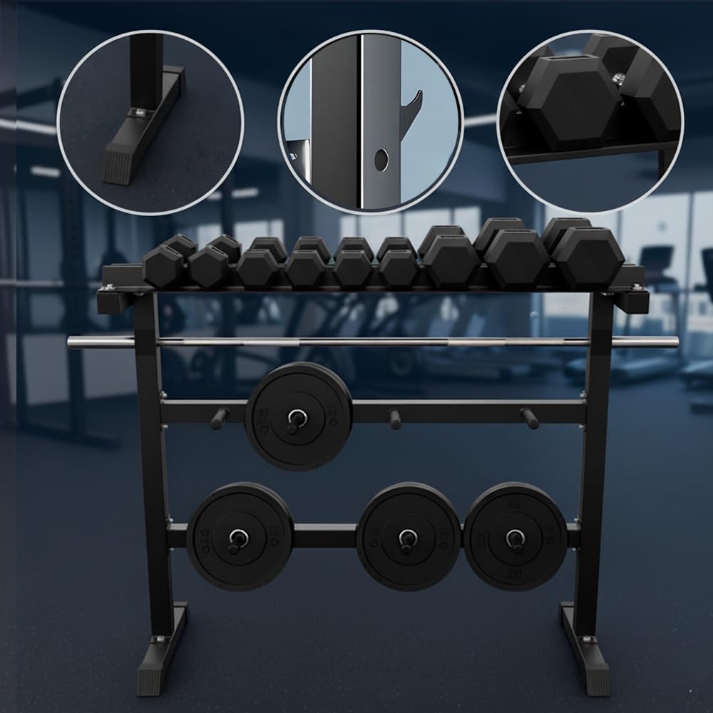 ManiBoom Soporte Mancuernas Casa de Acero 2 Niveles Horizontales + 2 Verticales - Organizador Gimnasio - Estante de Almacenamiento para Pesas Rusas, Barra Esterillas y Mancuerna - Mancuernero