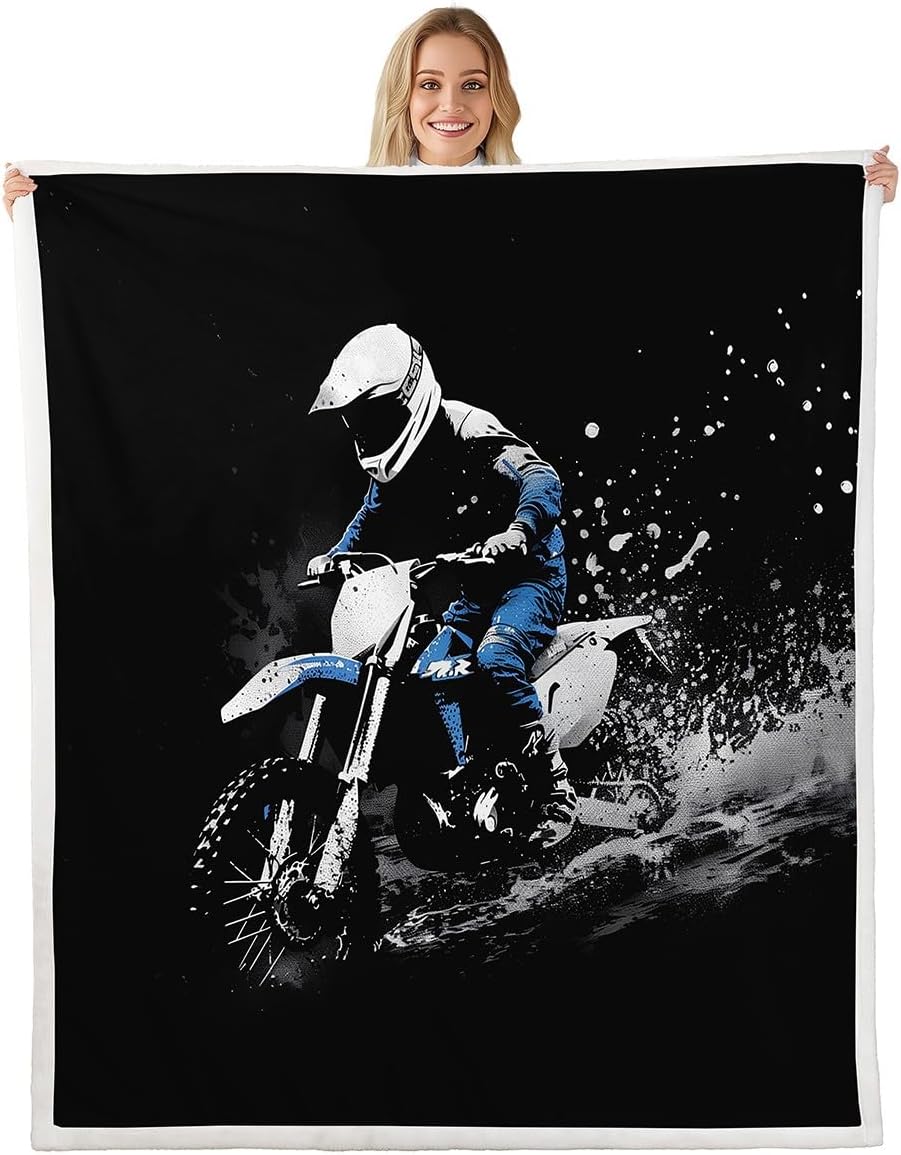 Feelyou Dirt Bike Fleece Throw Blanket Twin 60"x80" Racing Themed Sherpa Blanket Ultra Soft Racing Motocross Rider Plush Blanket for Bed Sofa Couch Motorcycle Fuzzy Blanket Motorbike Flannal Blanket