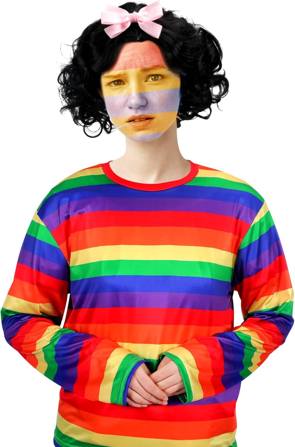 Mepase 4 Pcs Halloween Book Character Costumes Accessories for Women Rainbow Striped Shirt Black Short Curly Wigs and Pink Bow Hairpin Costume Adult Cosplay Dress Kit - Image 4