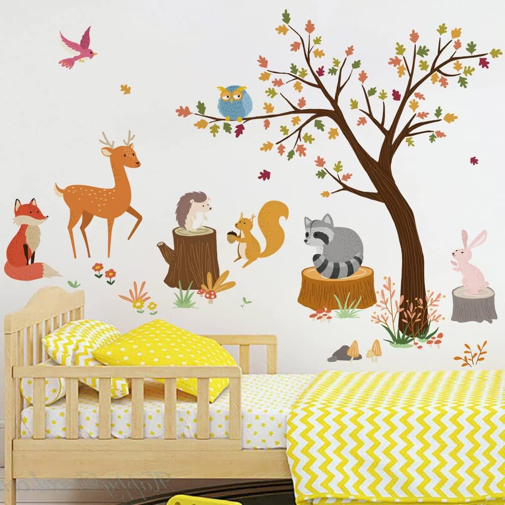 Runtoo Wooland Animals Wall Decals Colorful Tree Owl Fox Nursery Wall Stickers for Kids Bedroom Baby Wall Art Decor - Image 2