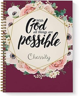 All Things Are Possible Personalized Religious Notebook/Journal, Laminated Soft Cover, 120 pages of your selected paper, lay flat wire-o spiral. Size: 8.5” x 11”. Made in the USA