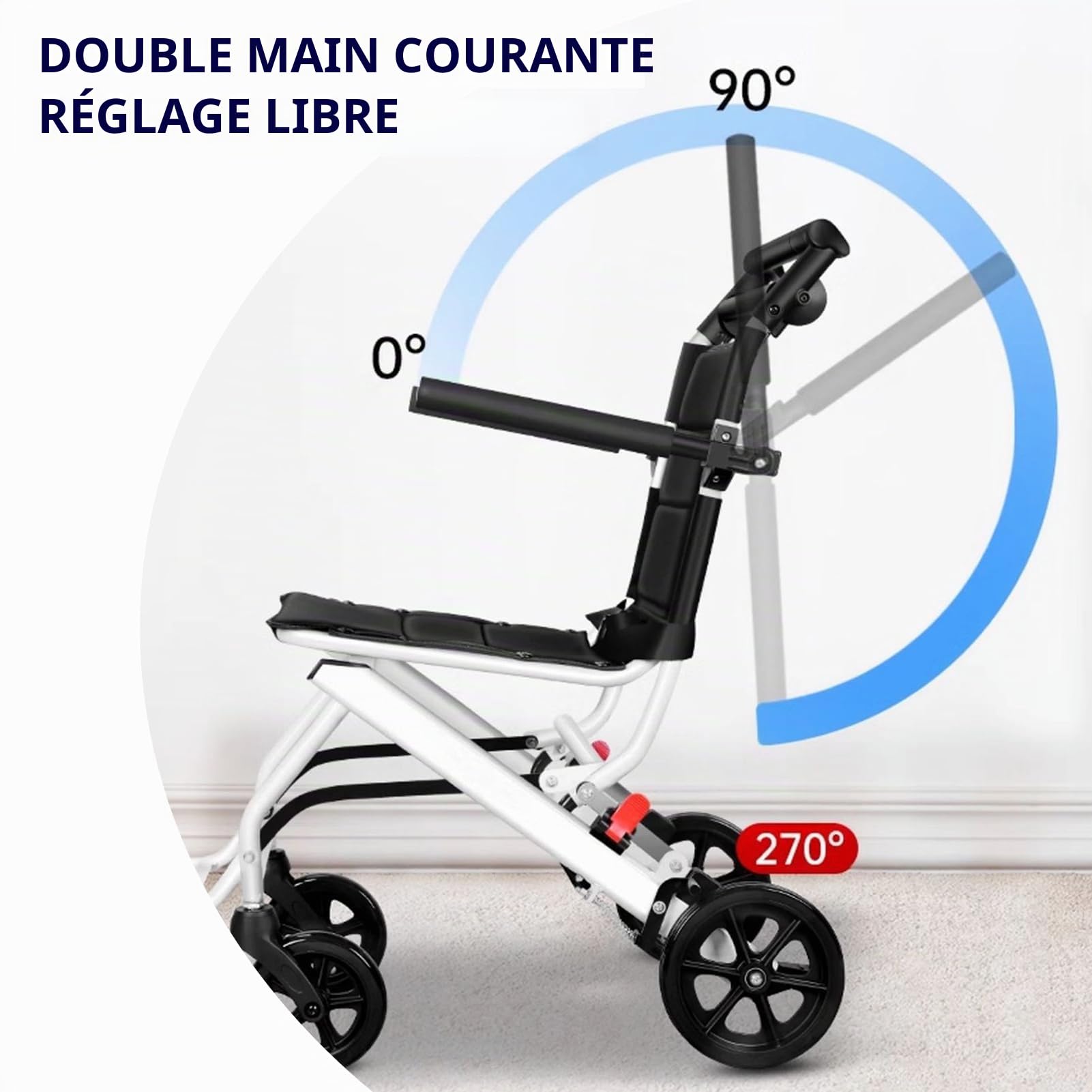 Fauteuil roulant de transport portable, léger et pliable avec ceinture de sécurité et grandes roues tout terrain, cadre en aluminium, accoudoirs rabattables, capacité de 81,6 kg, pour adultes et