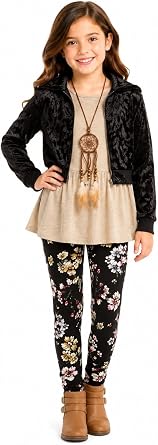 iGirlDress Girls 4 Pieces Pant Set Long Sleeve Jacket Necklace Floral Plaid Pant 4-16