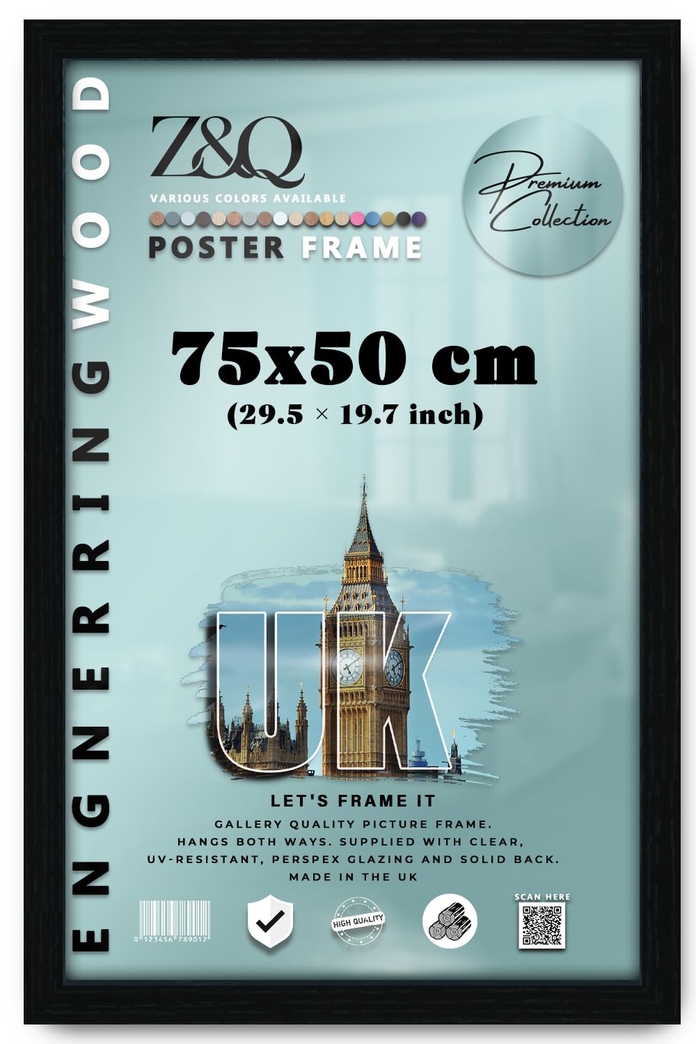 Z&Q Black 75x50 cm Poster Frame 19.75 x 29.5 Inch Polished Plexiglas for Wall 50x75 cm Display Vertically or Horizontally Photo Painting Print Picture - Wall Mounting Hardware Included