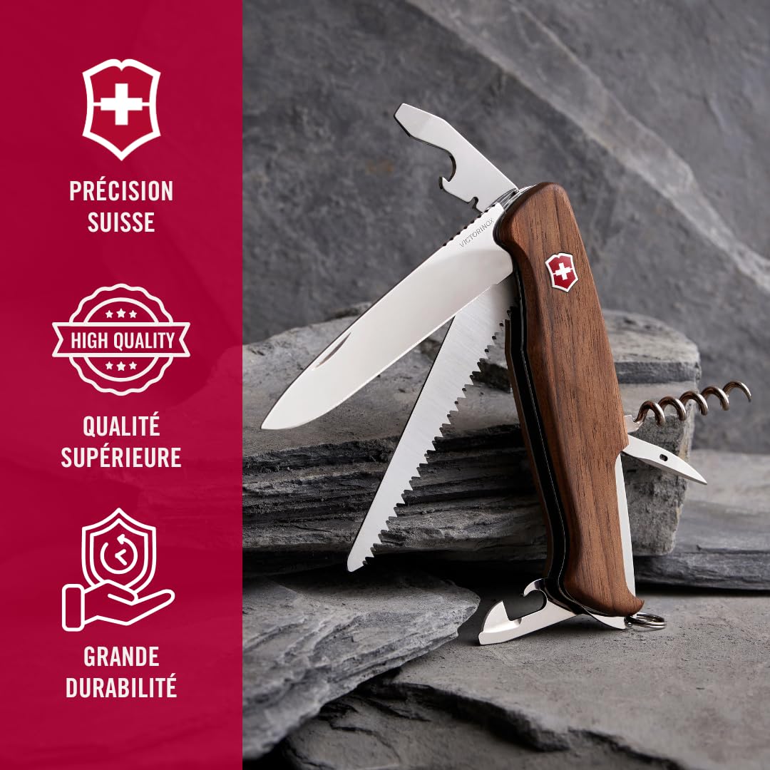 Victorinox Ranger Bois 55 Couteau de Poche Suisse, Multitool, 10 Fonctions, Lame Fixe, Tire Bouchon, Bois
