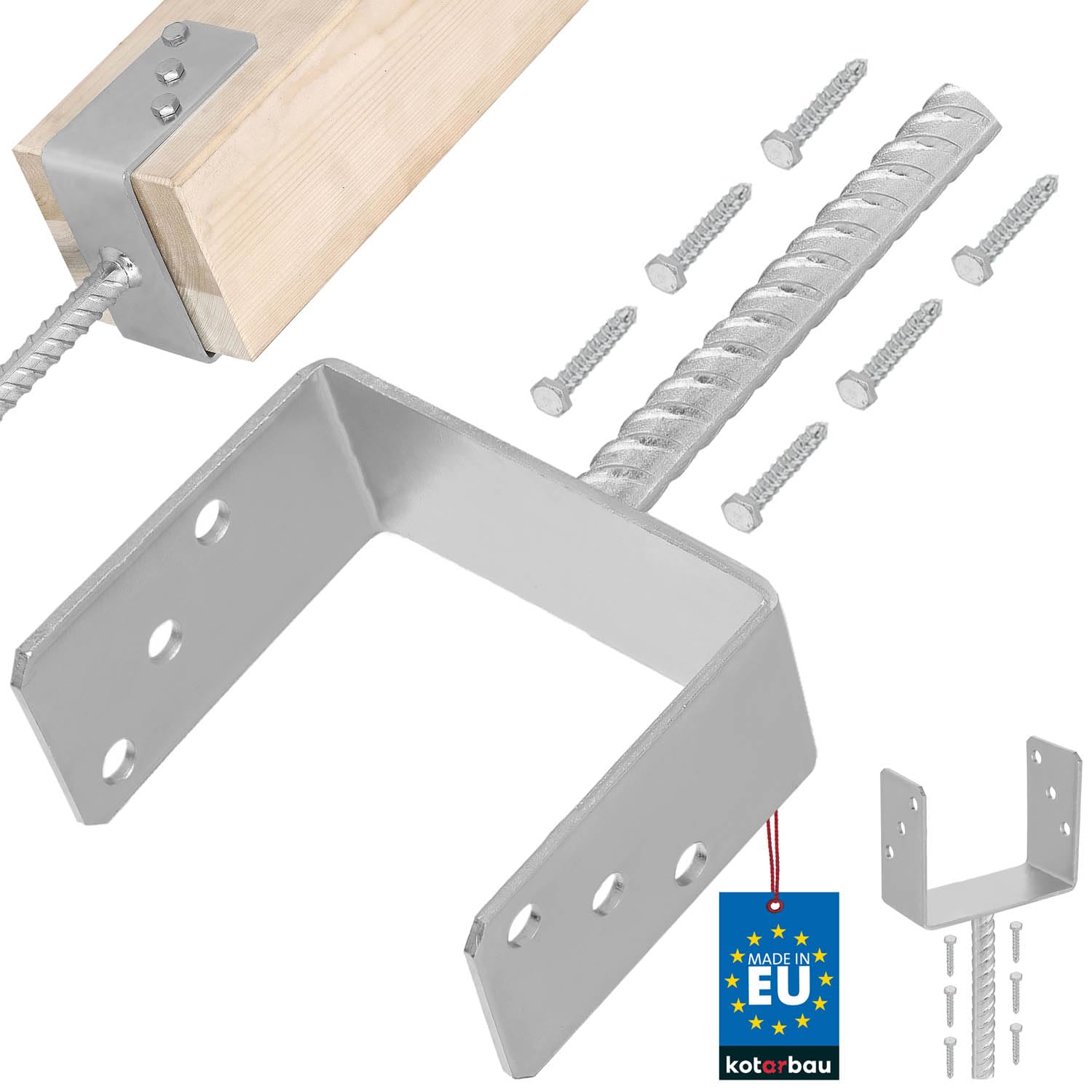 KOTARBAU® U Post Base - for Concrete - Galvanised Steel - 141 mm (5.55 Inches) - Silver - Fence Post Support - Pillar Support — image 1