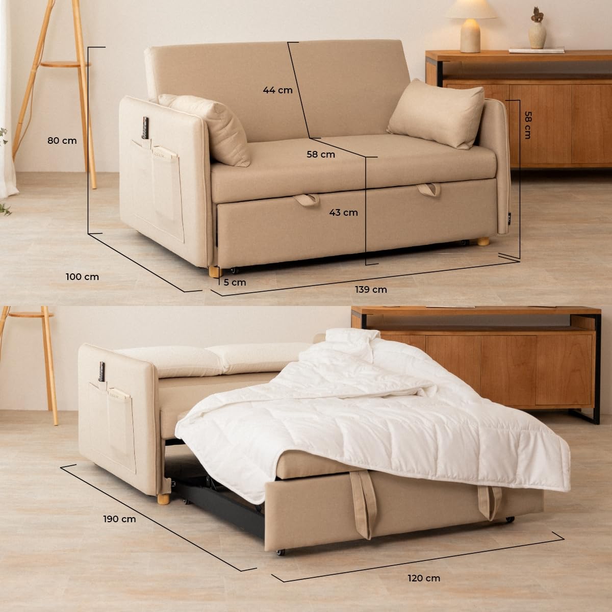 Nalui- Sofa Cama 2 plazas 3 en 1 Nest 2 139x100x80cm con Respaldo Ajustable y 2 Almohadas. Sofa Cama Chaise Longue, Soporta hasta 240Kg. Sofa 2 Plazas Convertible en Cama 120x190cm, Beige