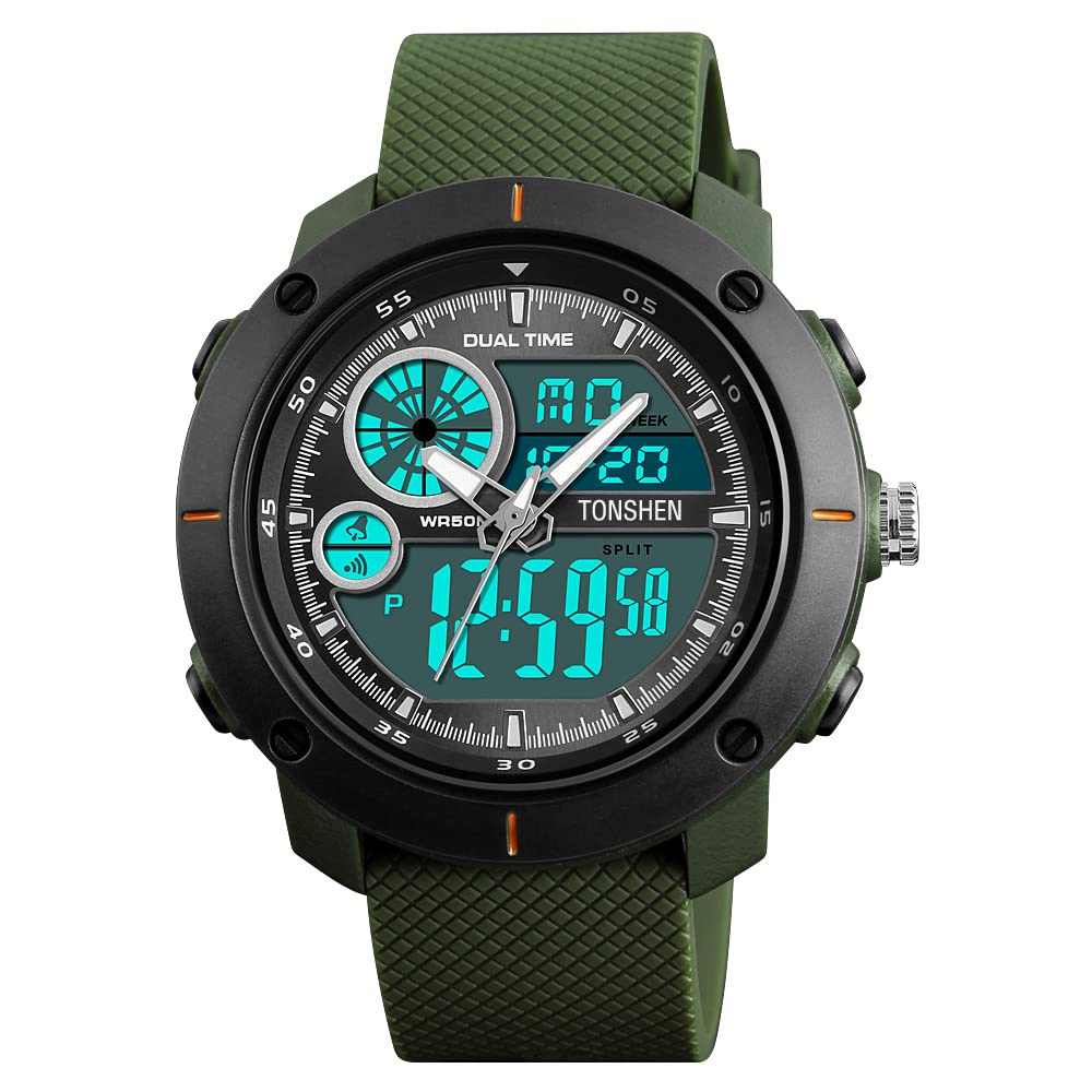 TONSHEN Uomo Sportivo Digitale Orologi Da Polso Impermeabile 50m Multifunzionale Analogico Quarzo Led Outdoor Militare Tattica Orologio Plastica Lunetta E Gomma Band