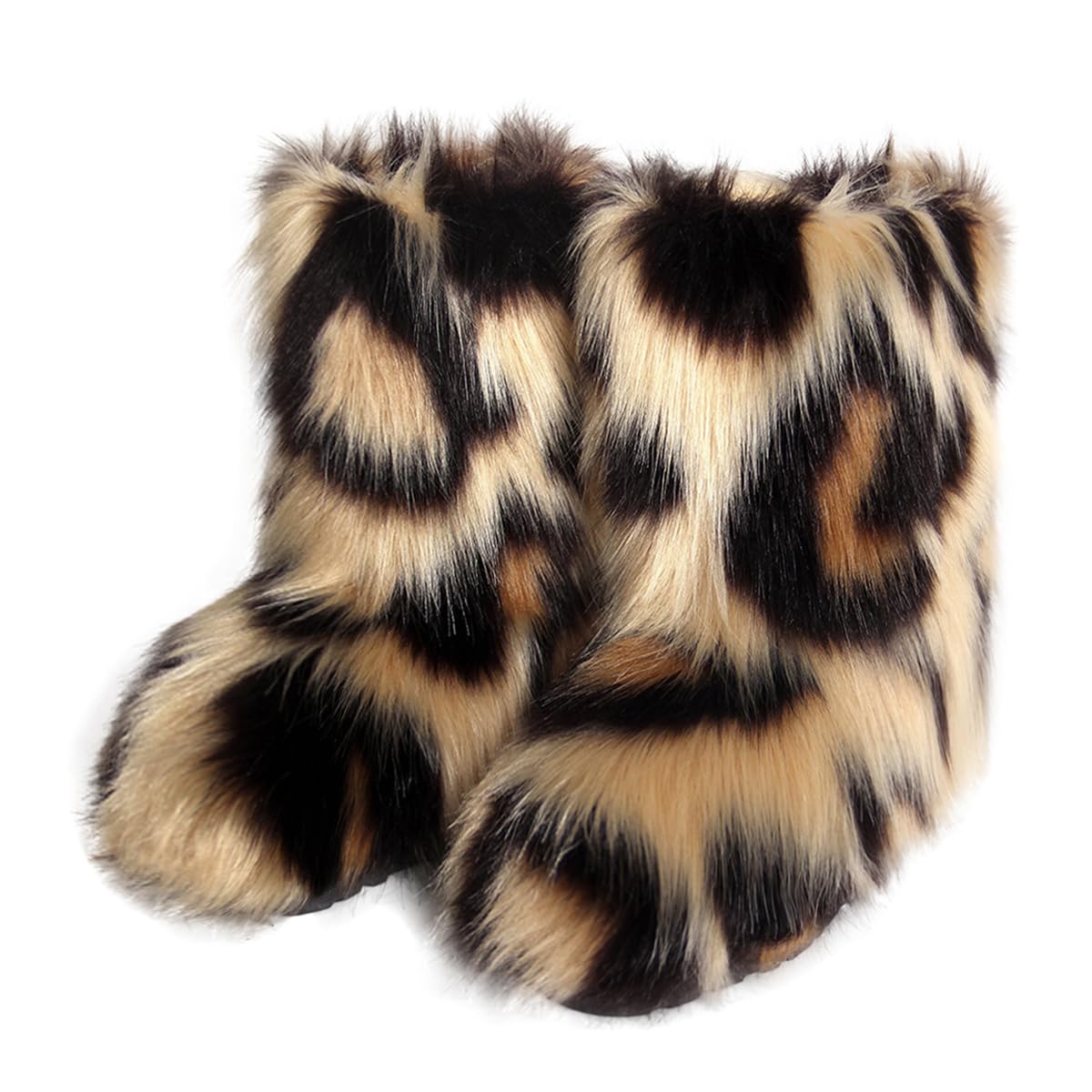 Womens Faux fur boots Furry Short Snow Boot Fluffy Mid-Calf Boots Warm Comfortable Outdoor Flat Shoes