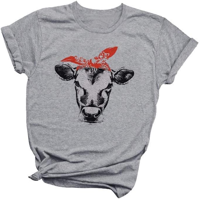 SCX Funny Cow T Shirts for Women Cow Printed with Bowknot Graphic Tee Summer Loose Casual Short Sleeve Top