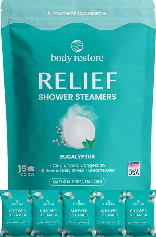 BodyRestore Shower Steamers Aromatherapy, Self Care Gifts, Relief 15 Pack | Birthday Gifts for Women & Men, Spa Stress Relief & Relaxation, Eucalyptus & Menthol Essential Oil Tablets