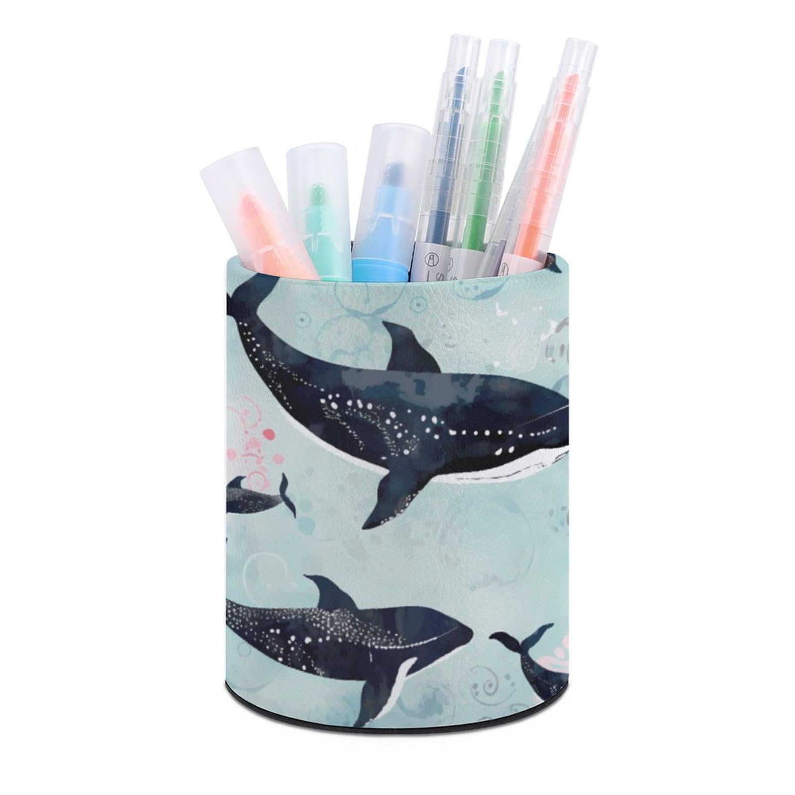 NONHAI Lether Pen Holder for Desk, Whale Pencil Holder Organizers for Desktop, Pencil Cup Stationery Organizer for Office Desk Accessory, Square Makeup Brush Srotage Box Pencil Caddy