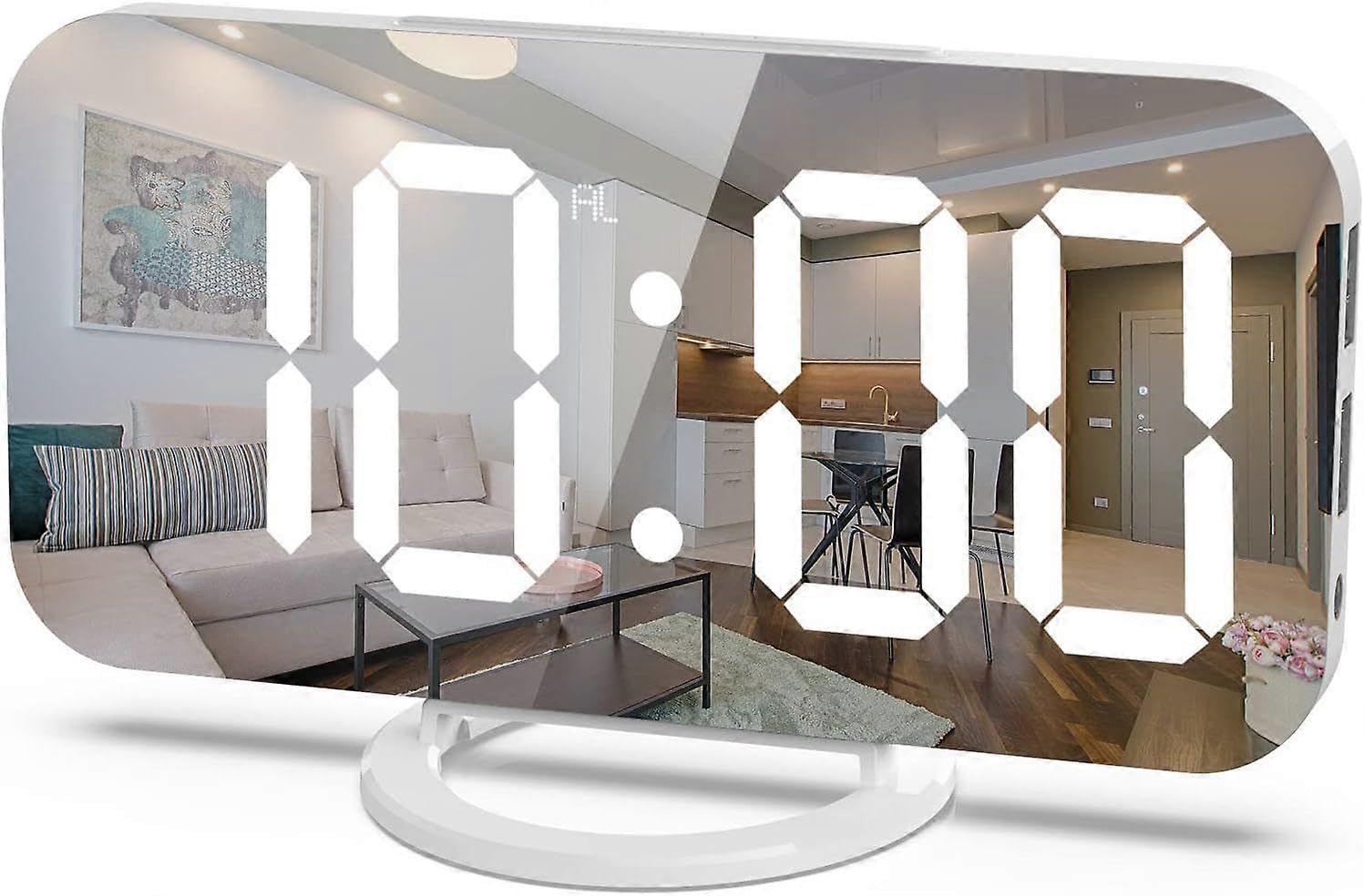 Miroir de maquillage et réveil numérique blanc avec port USB pour ne plus manquer vos alarmes