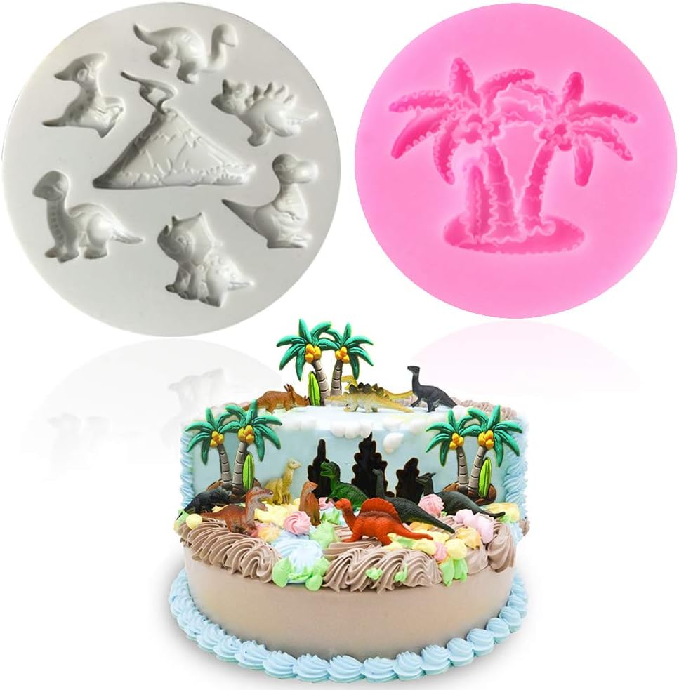 MINI Dinosaur Silicone Mold - T Rex, Triceratops, Plesiosaur, Pterosaur, Stegosaurus and Coconut Tree Mold 2 Pack for Fondant Themed Birthday Cupcake Toppers Party Decorations