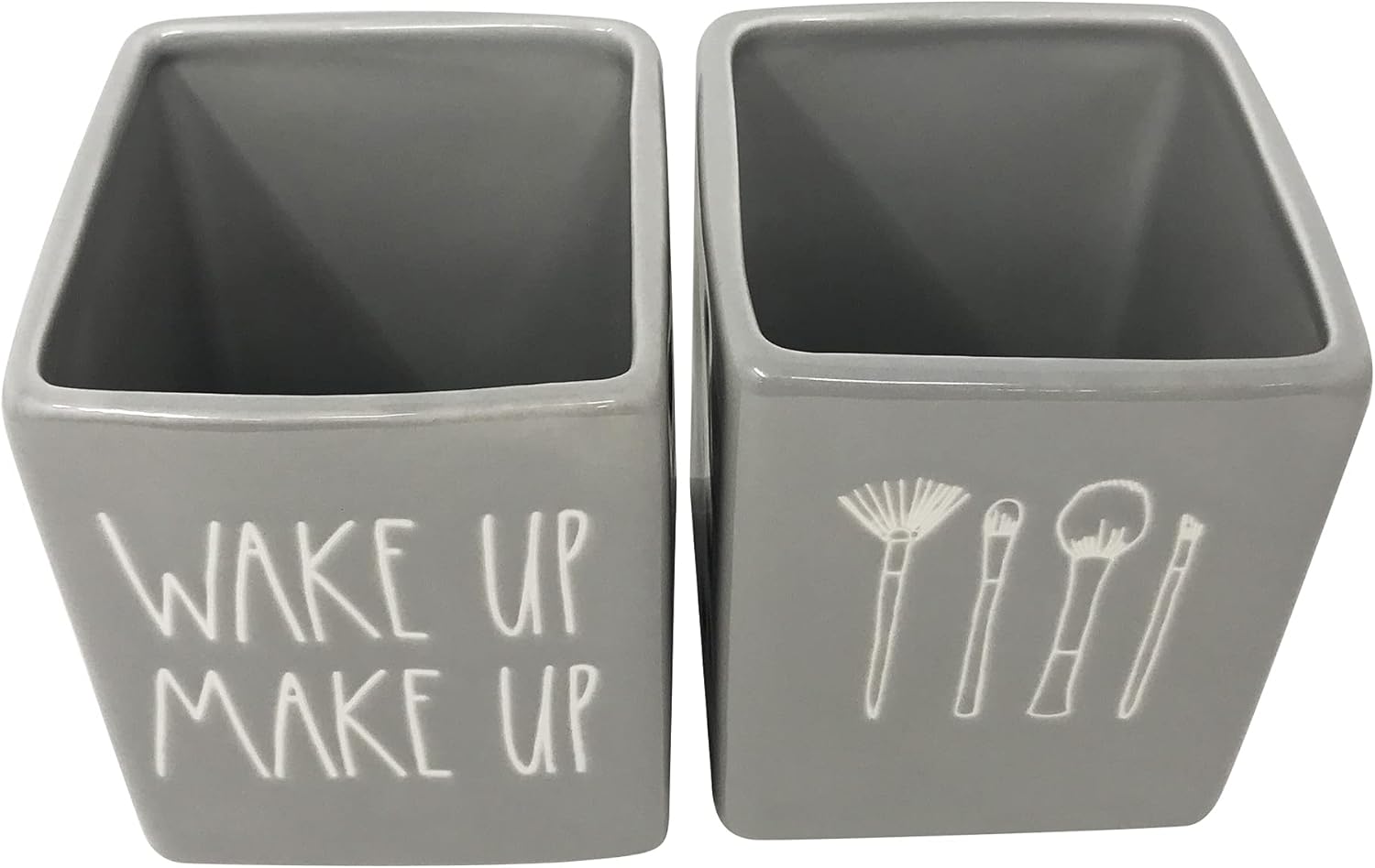 Rae Dunn Set of 2 Ceramic Brush Cup Holders, Grey (Wake Up/Make Up)