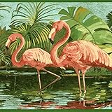 CONCORD WALLCOVERINGS Wallpaper Border Tropical Pattern Flamingo on The Pond Palm Leaves for Beach House Bathroom Powder Room, Green Pink, 15 ft by 10.3 in DB3715B