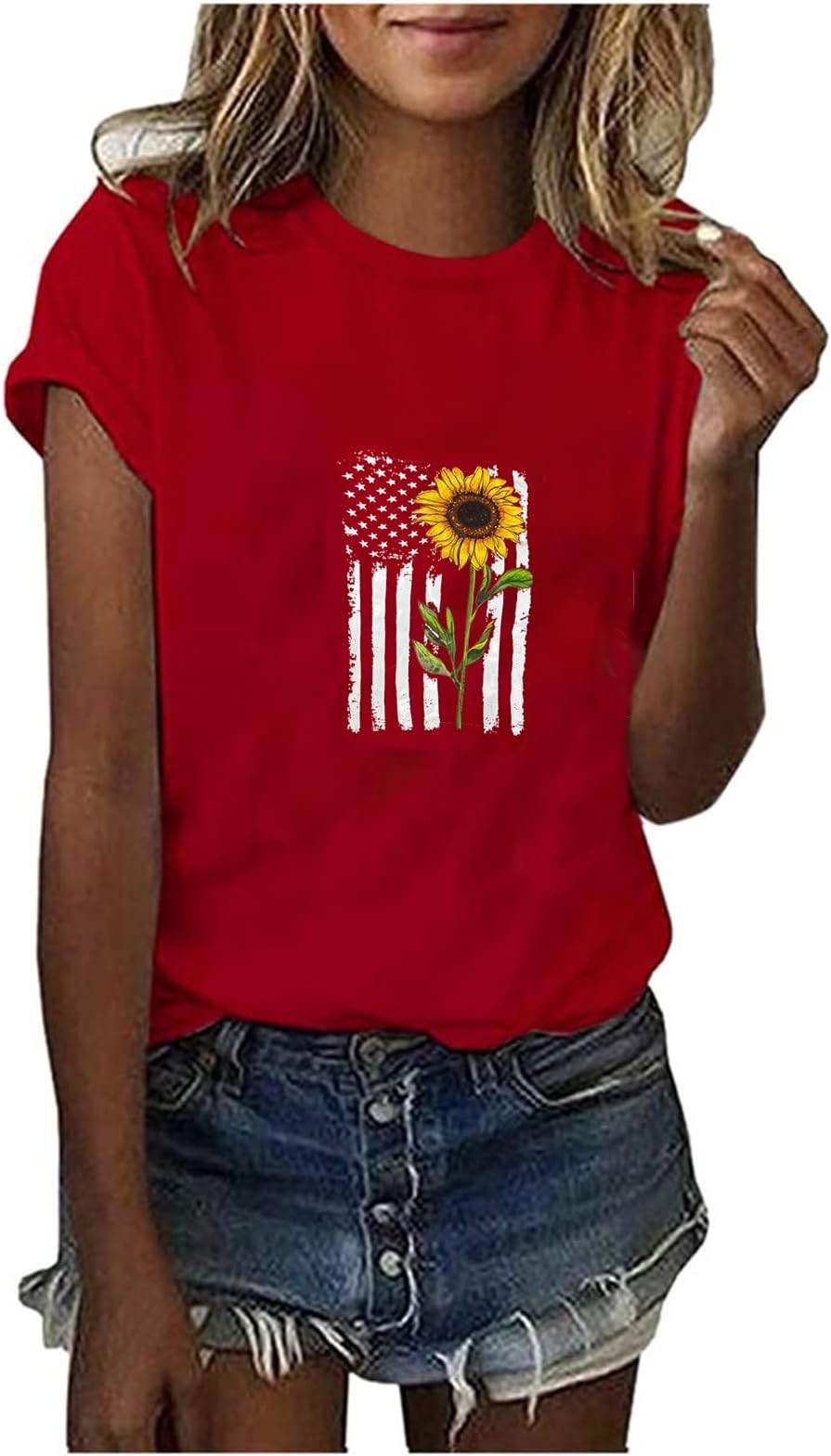 Women Short Sleeve Tops Independence Day Shirts Cute USA Flag Flower Graphic Tees T-Shirt Tshirt Standard-Fit