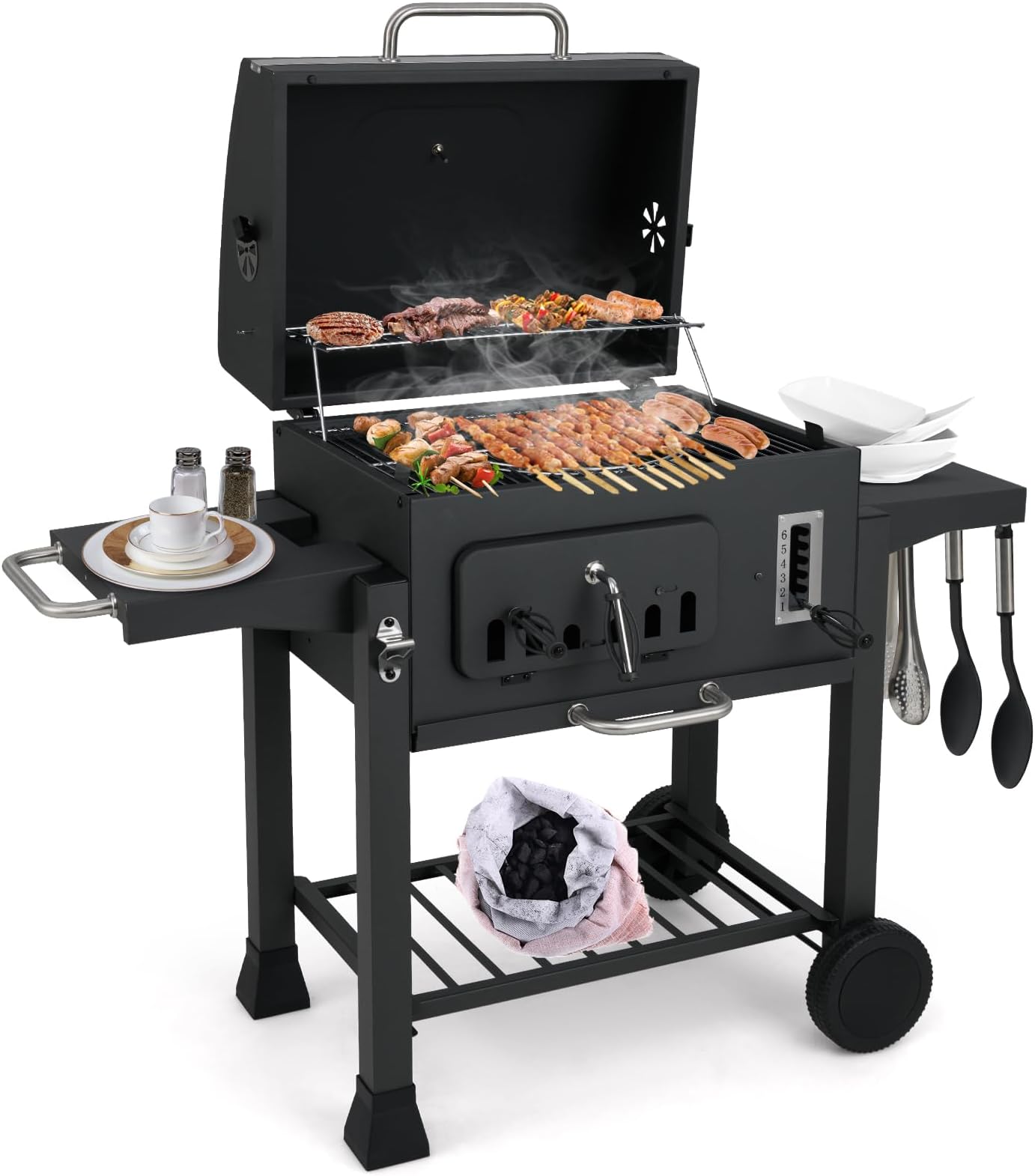 Happygrill Barrel Charcoal Grill with 2 Folding Side Tables, 24-Inch Outdoor Barbecue Grill w/544 sq.in Cooking Area, 6-Gear Charcoal Tray & Storage Shelf, Portable Griddle w/Wheels for Camping Picnic