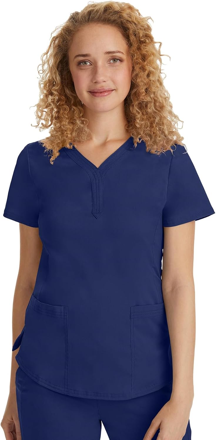 Healing Hands Scrubs for Women Y-Neck Jane Modern Fit, Triple Stitch Detail, 2 Pockets, 2-Way Stretch & Shirttail Hem - 2167 Medium Navy