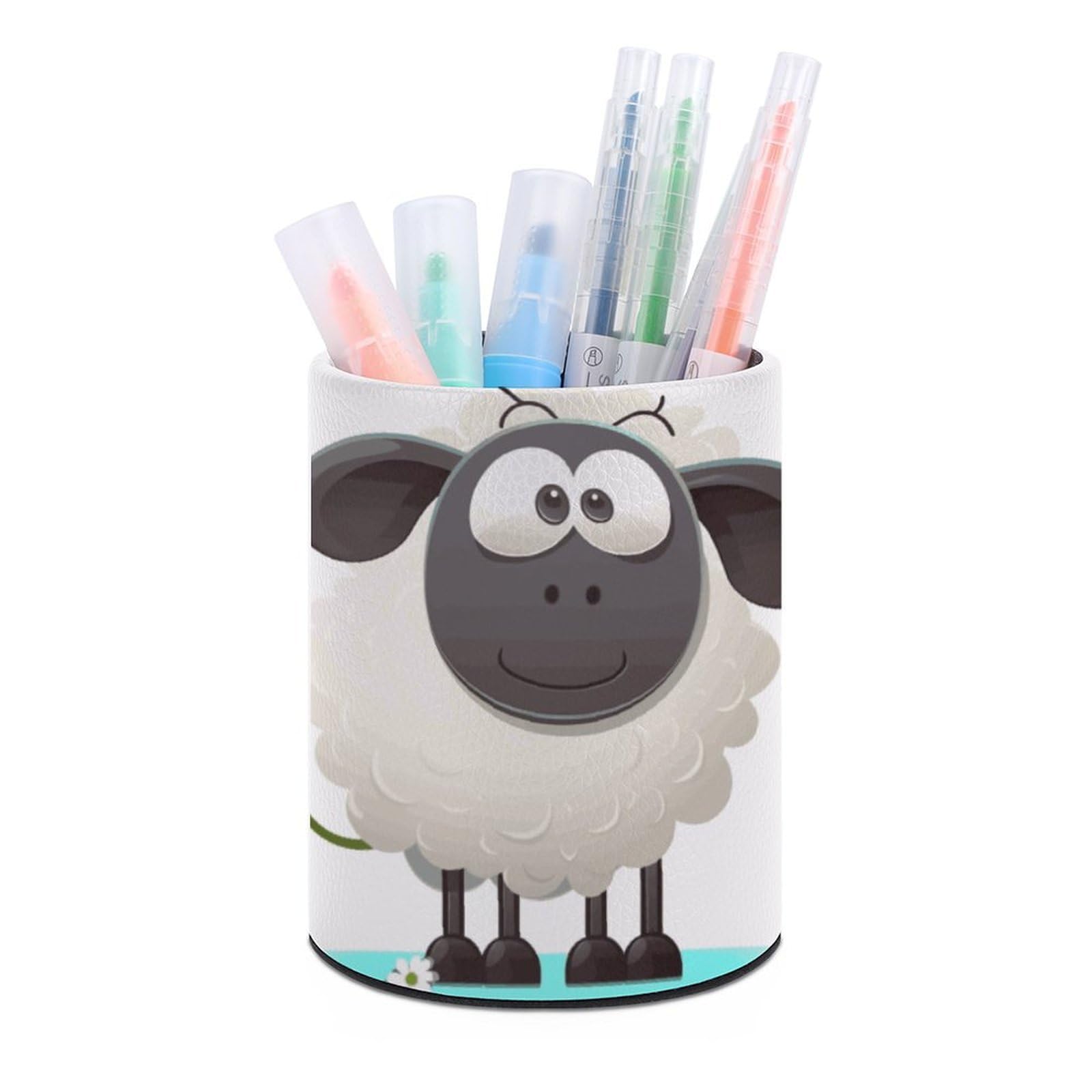 VstaDank Sheep Pen Holder PU Leather Pencil Cup Minimalist Desk Pencil Holder Round Make Up Brush Organizers For Office Dorm Room&Vanity Desk Accessories