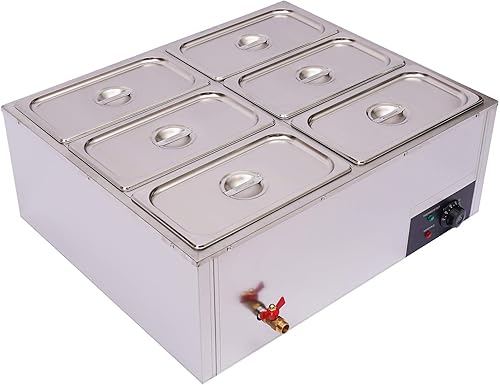 SNKOURIN Calentador de alimentos comercial de 6 bandejas, mesa de vapor eléctrica de 850 W, 3.2 cuartos de galón, encimera de buffet Bain Marie de