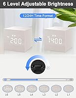 Vista 5 de Despertador digital con pantalla LED electrónica, de madera, 3 alarmas, relojes eléctricos pequeños de madera de 6.3 cm cúbicos para recámara, Blanco