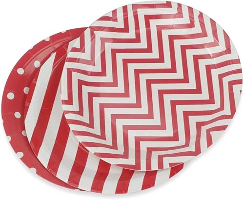 Miniatura 5 de Platos de papel de fiesta rojos 36 unidades, platos redondos biodegradables de 9 pulgadas, diseño de lunares, rayas, cheurón para pasteles, postres,