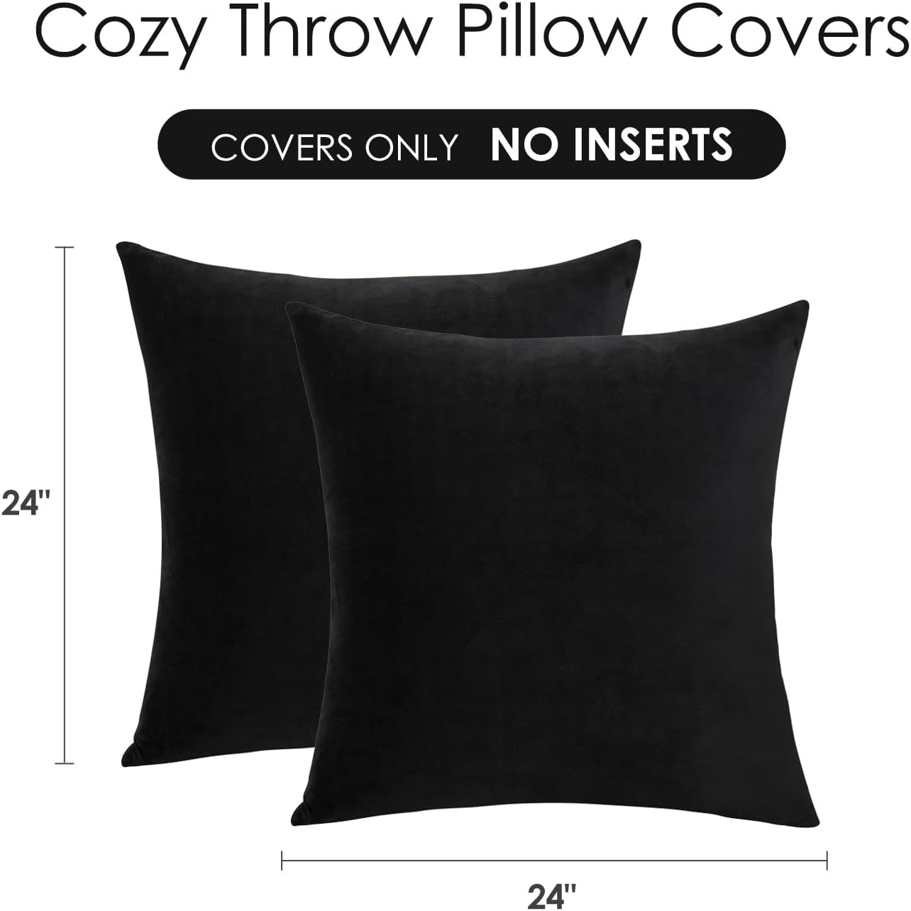 Throw Pillow Covers Decorative Velvet Set of 2 24x24 Inch Pillow Covers, Soft Black Large Pillowcases for Couch Sofa Bed Living Room, Farmhouse Home Boho Decor, Square Accent Cushion Covers