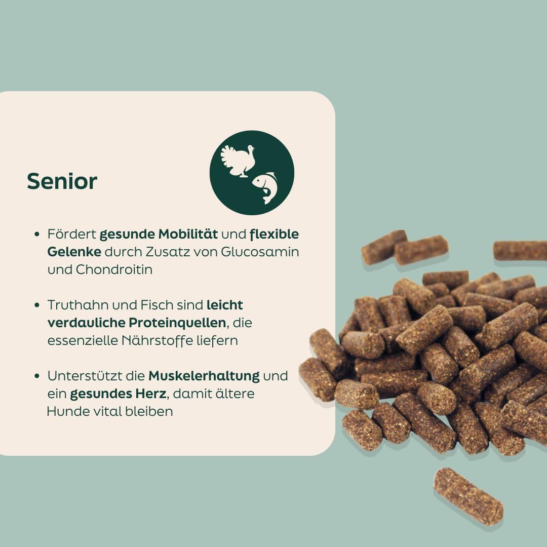 Senior Kaltgepresstes Hundefutter 18 kg Natürliche, getreidefreie Vollnahrung für ältere Hunde. Schonende Verdauung. Gelenkunterstützung. Stärkung des Immunsystems. Gesundes Gewicht