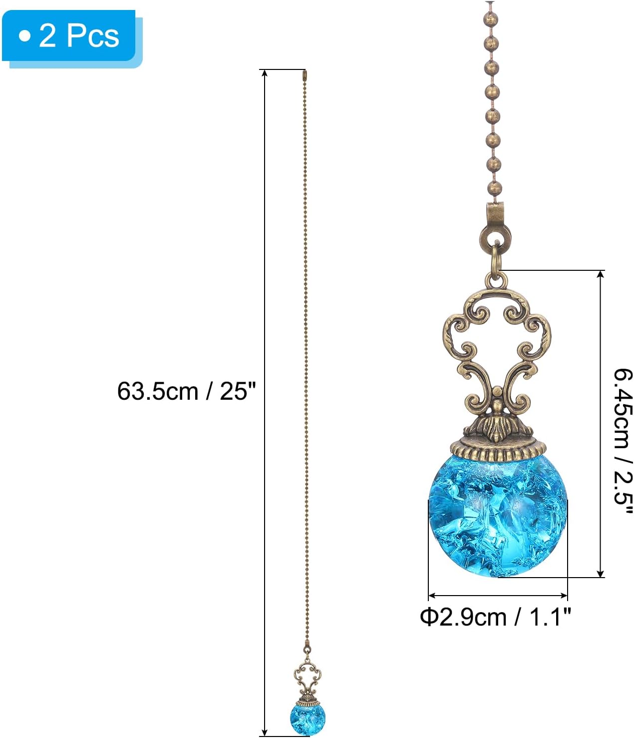 Ceiling Fan Pull Chain, 2 Pack 12" Decorative Ball Pendant Chain Extender Charm Extension Pull String for Ceiling Fans Light Lamp, Sky Blue