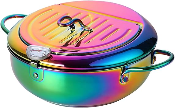 Stainless Steel Deep Fryer,Japanese Style Tempura Frying Pot with Lid,Frying Pot with Oil Drip Drainer Rack for Kitchen French Fries Chicken9.8" D x 3.4" H, Rainbow