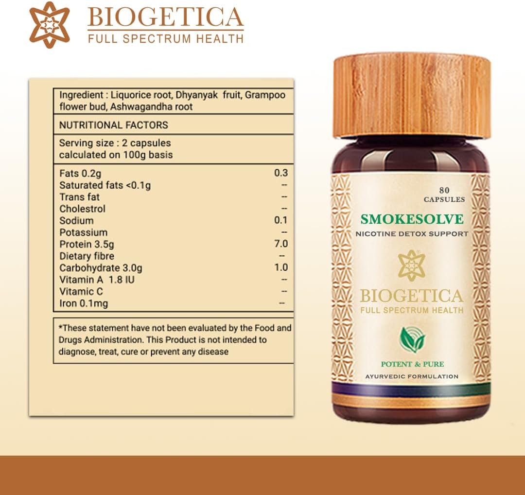 Biogetica Smokesolve Herbal Lung Detox Supplement with Yashtimadhu and Ashwagandha for Respiratory Health - Vegetarian & Non-GMO - 100% Vegan - 80 Capsules